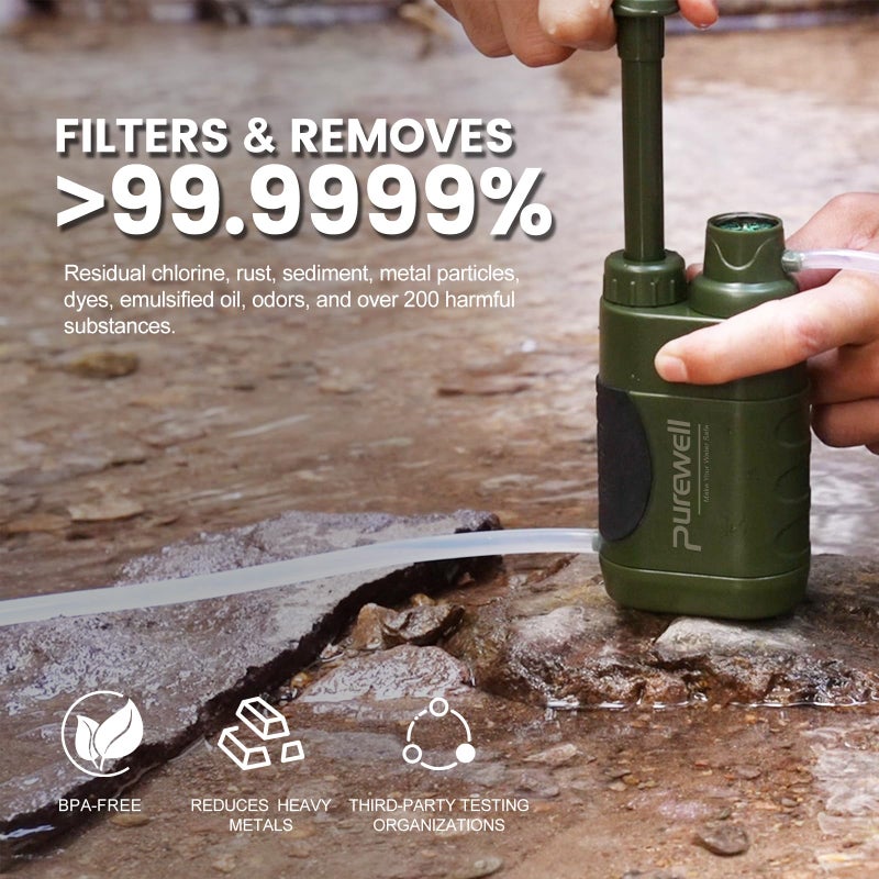 Purewell Water Hand Purifier Pump with Replaceable Carbon 0.01 Micron Water Filter, 4 Filter Stages, Portable Outdoor Emergency and Survival Gear - Camping, Hiking, Backpacking(Green) - Image 3